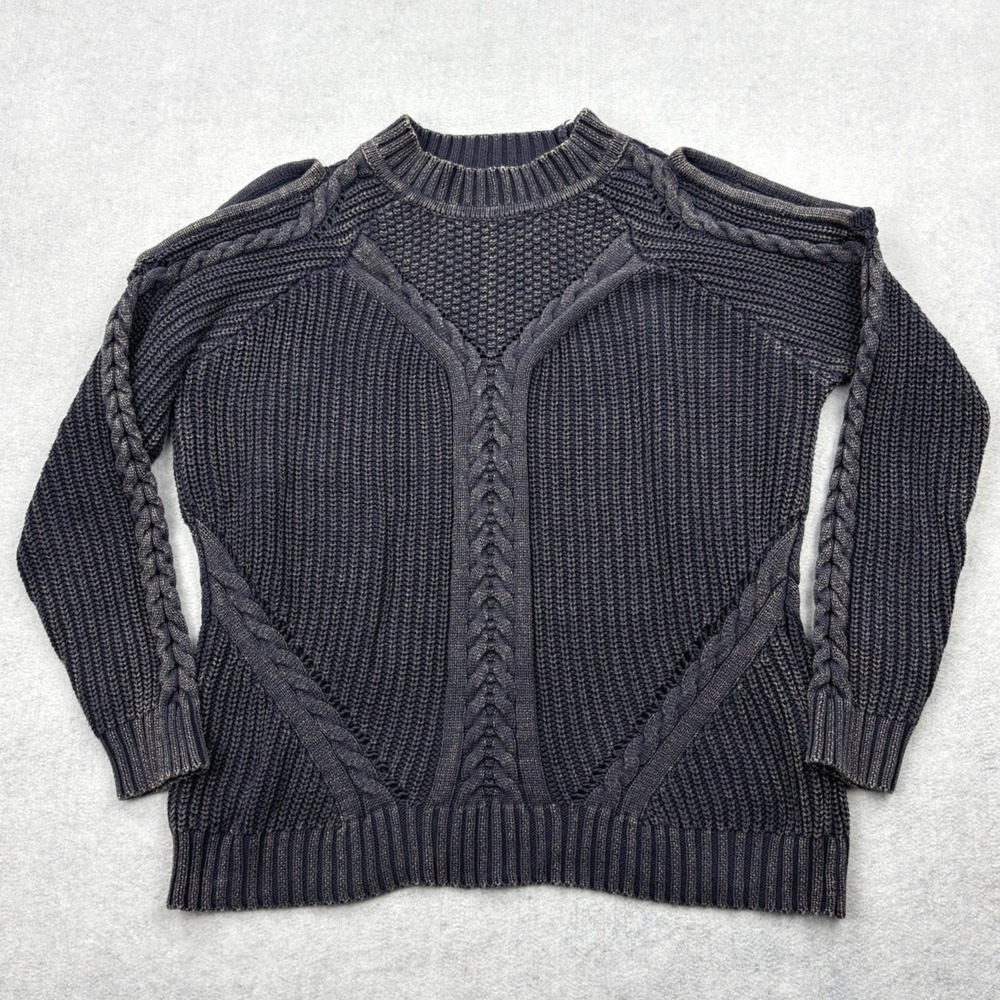 Umgee Sweater Womens Small Black Mineral Wash Chunky Cable Knit Cold Shoulder S